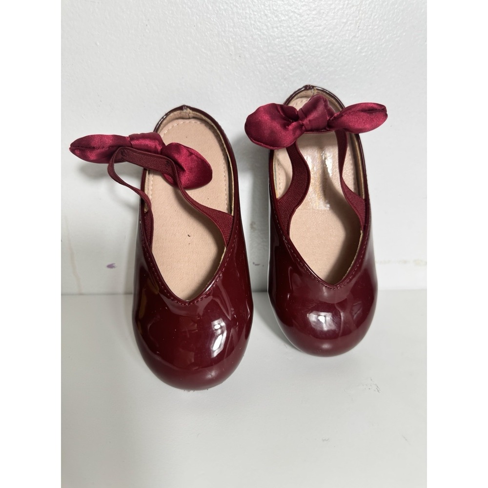 SHEIN burgundy Baby Toddler Girl Shoes Glossy Pattern Finish Bow Detail Sz 25